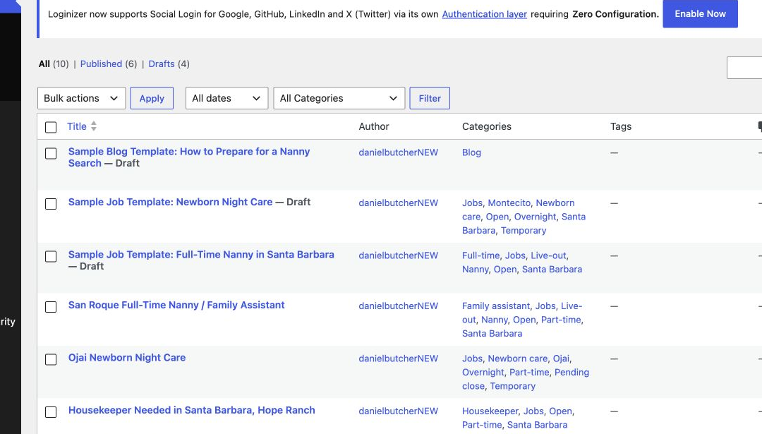 WordPress Posts list showing Beach Baby Nannies job posts and sample job templates.
