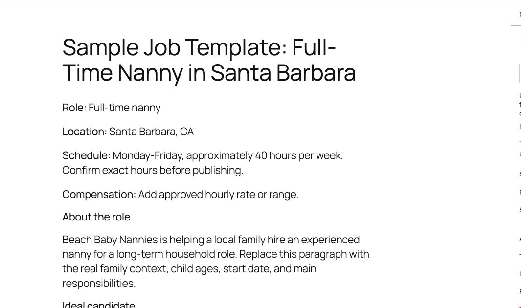 WordPress post editor showing the sample Beach Baby Nannies job template.