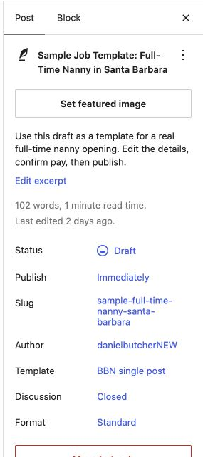 WordPress post settings sidebar showing featured image, excerpt, status, slug, template, and discussion controls.